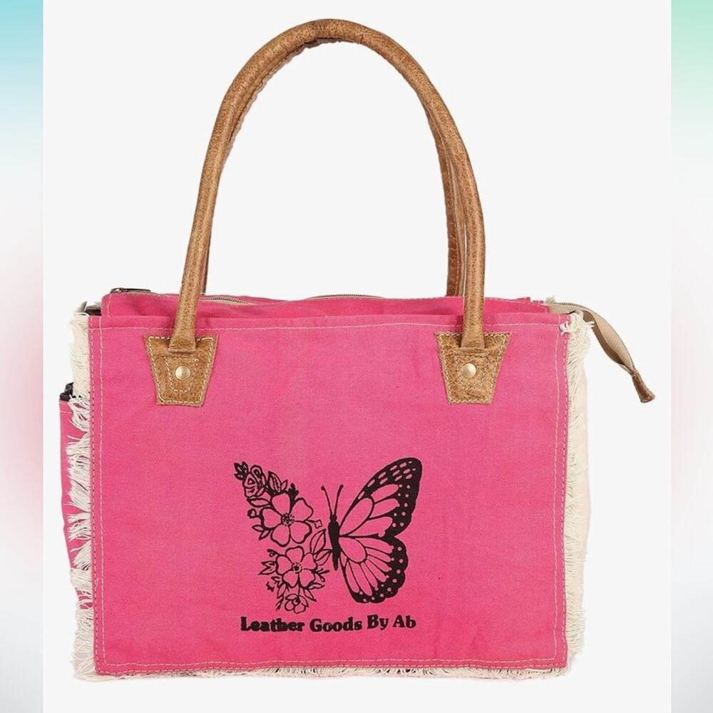 NWOT LeatherGoodsByAB THE BUTTERFLY BAG Recycled Canvas Tote Hand Bag Pink